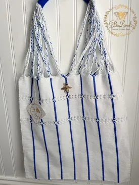 Blue Striped Fabric Tote Bag