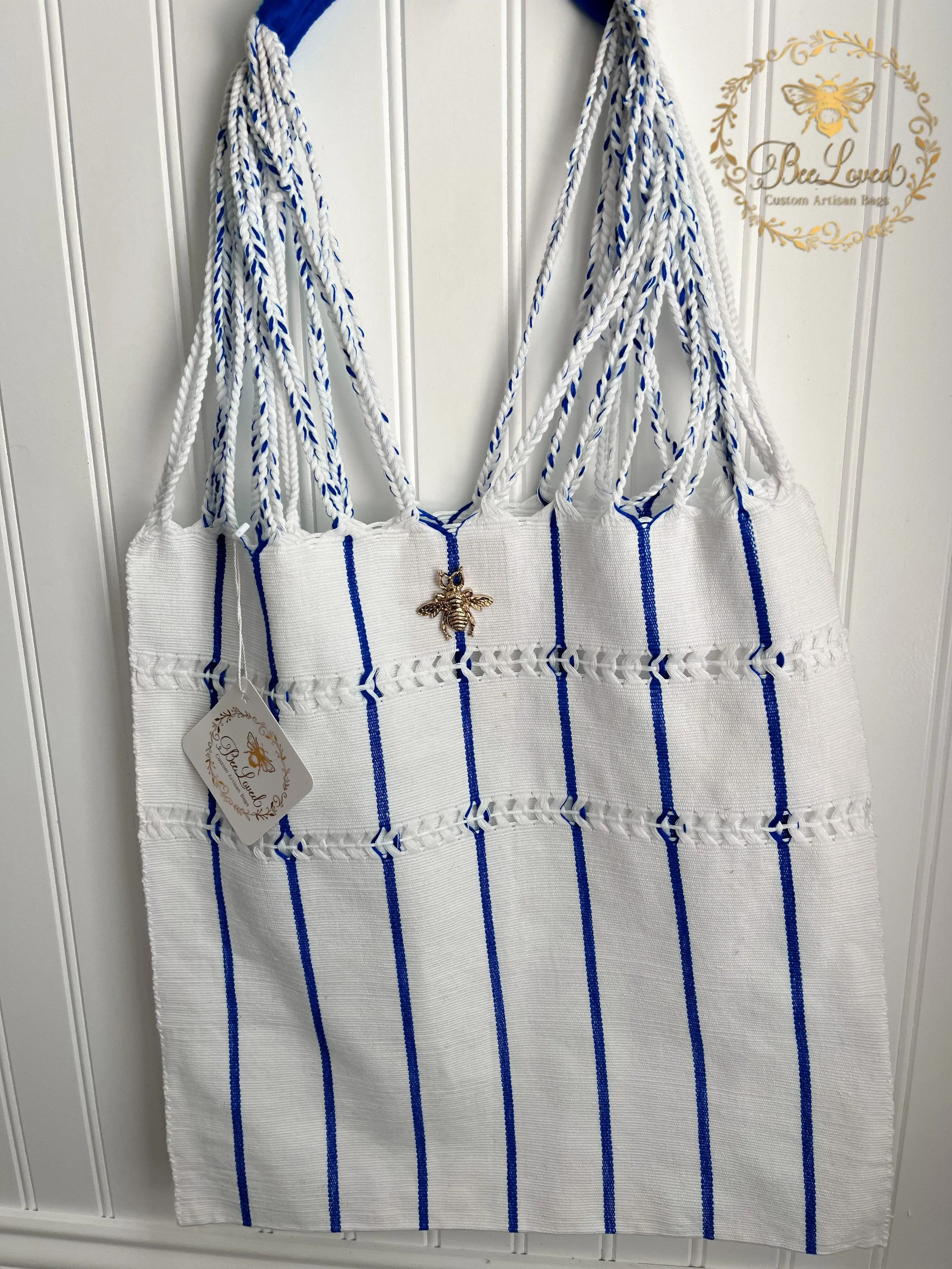 Blue Striped Fabric Tote Bag