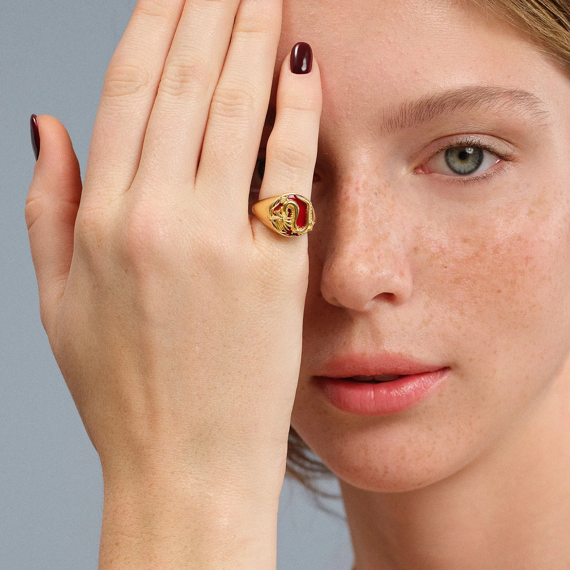 Dragon Ring - Red Enamel with Gold Plated Silver
