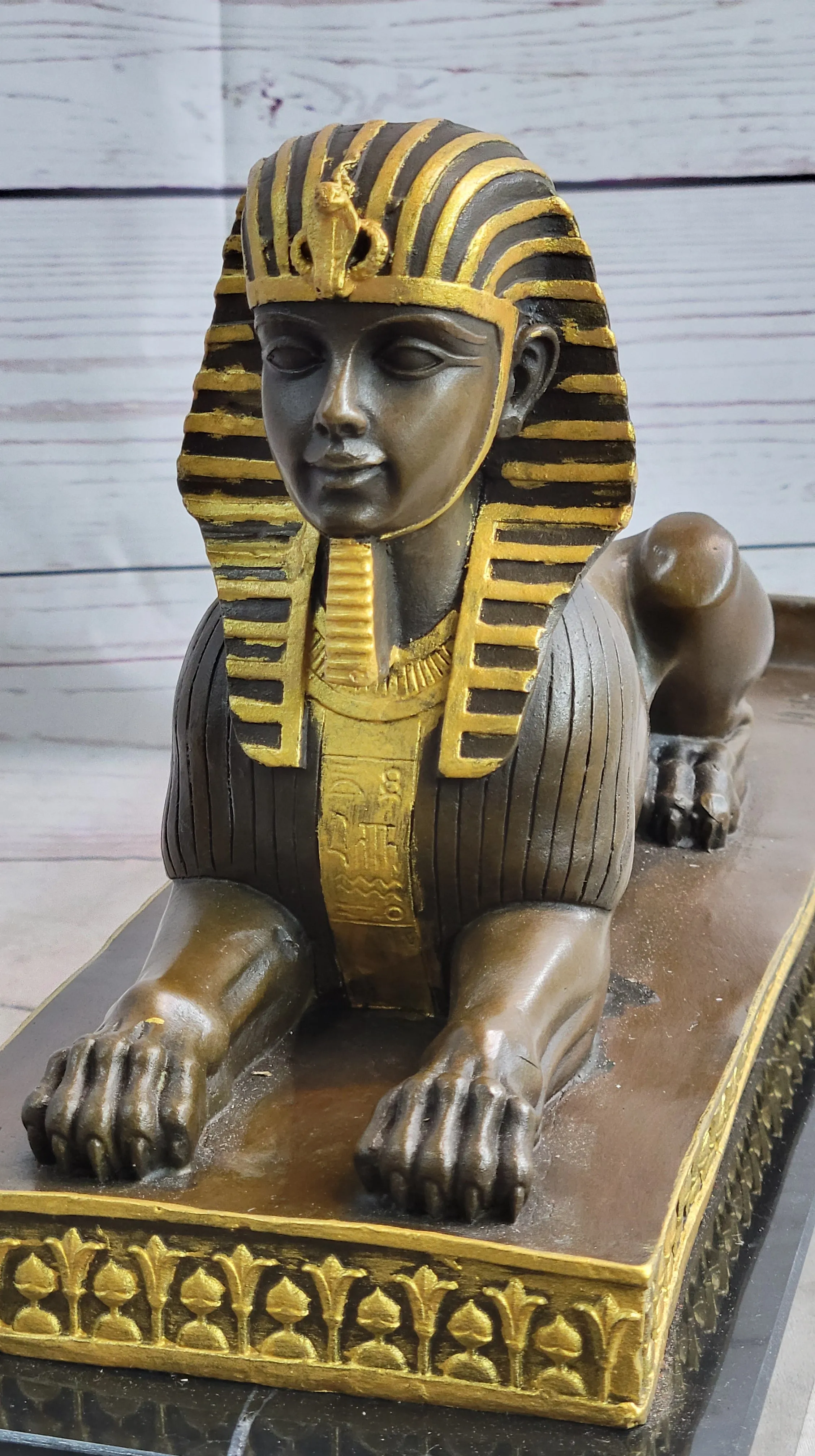 Egyptian Sphinx Bronze Sculpture Statue Mini Replica Signed Original Art on Marble Base