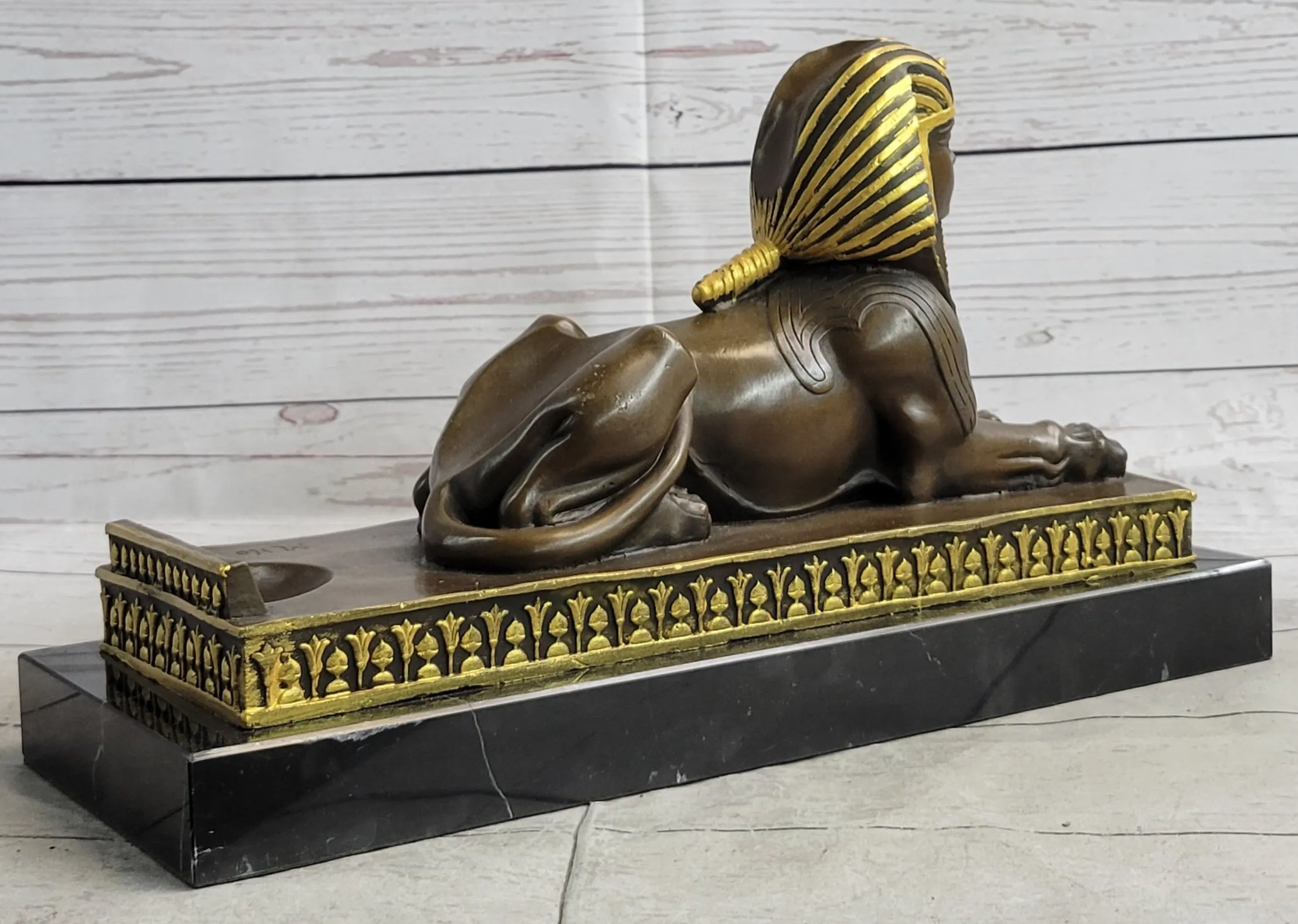 Egyptian Sphinx Bronze Sculpture Statue Mini Replica Signed Original Art on Marble Base