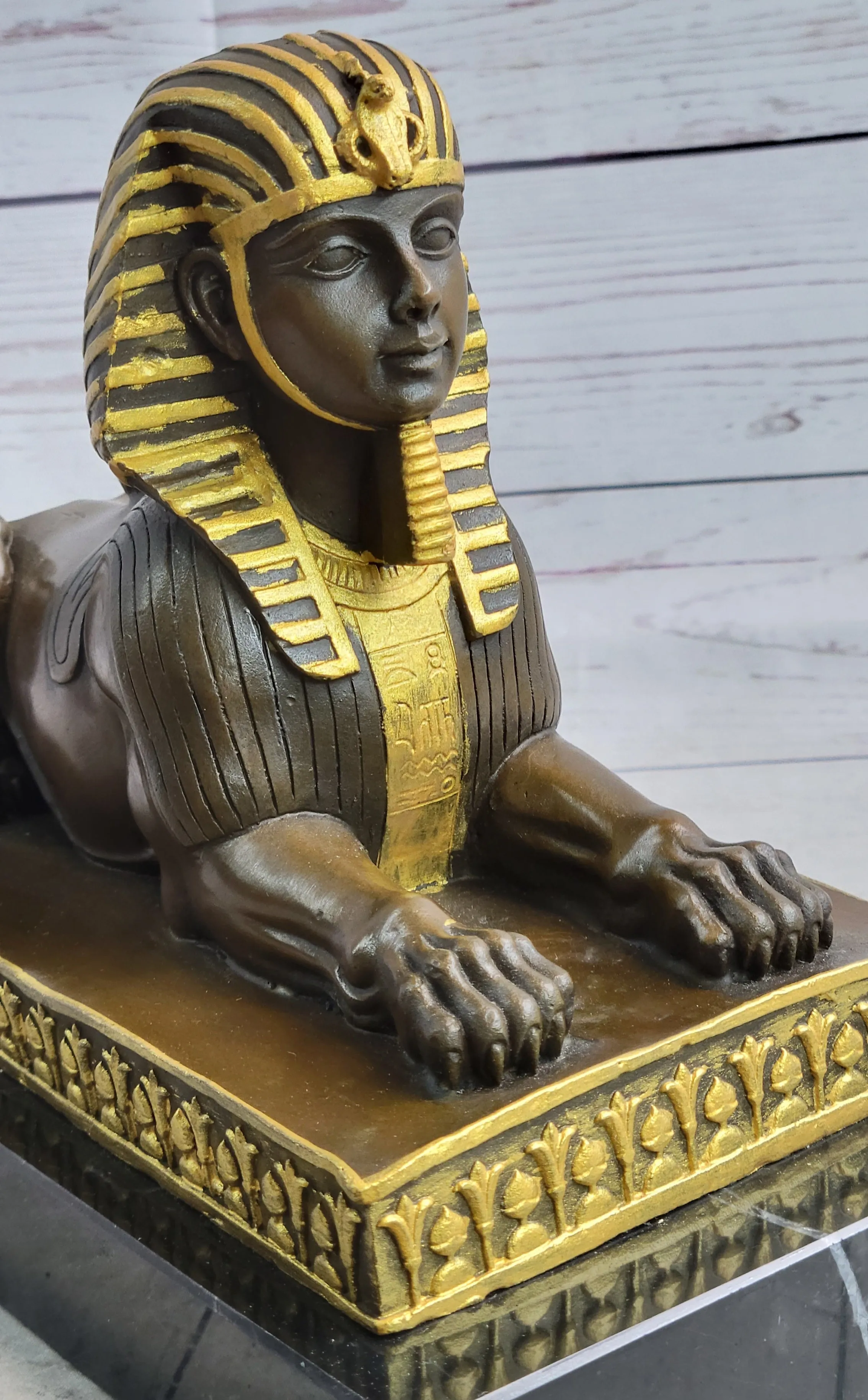 Egyptian Sphinx Bronze Sculpture Statue Mini Replica Signed Original Art on Marble Base