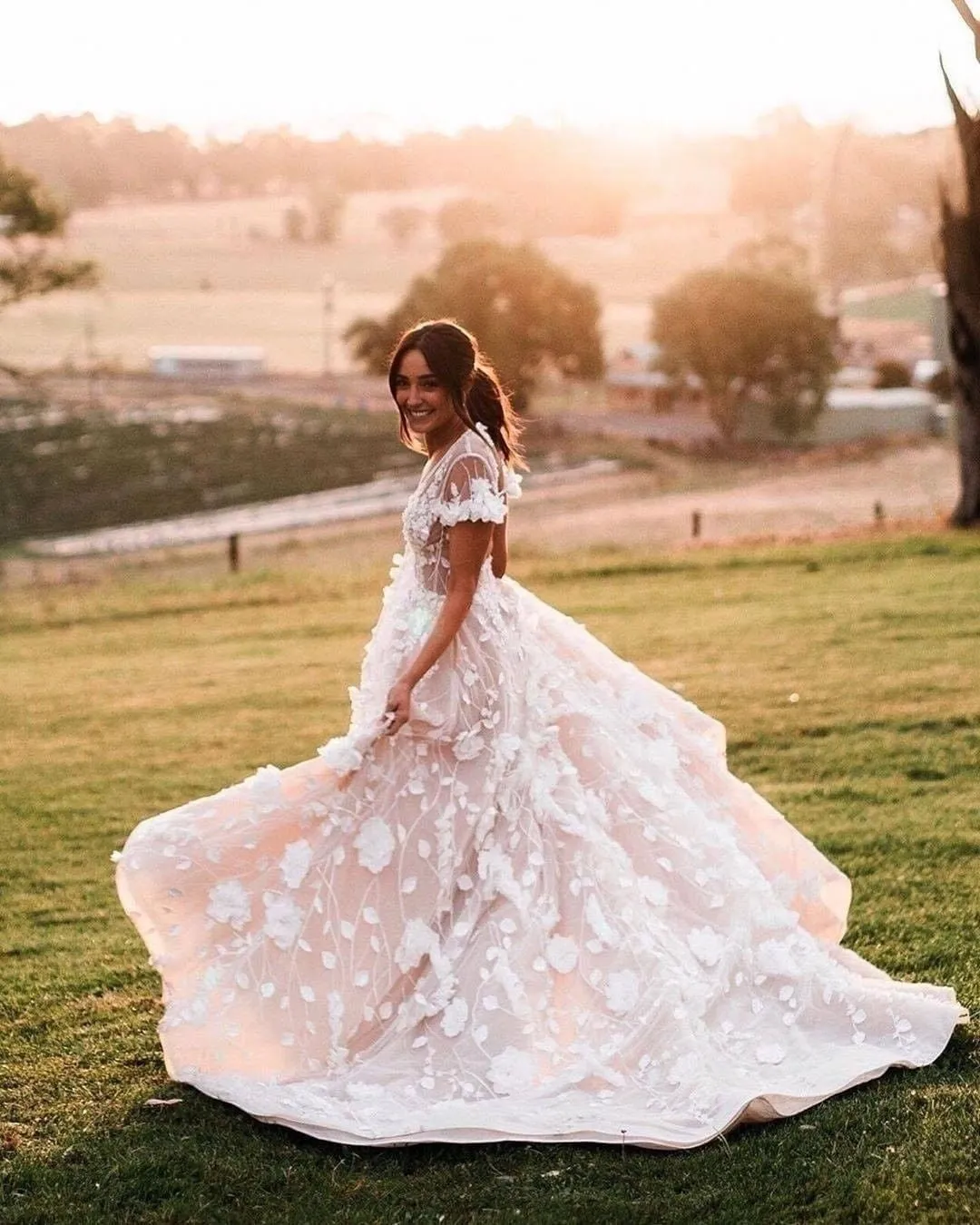 Fairy Ball Gown V Neck Tulle Wedding Dresses with 3D Lace VK23052203