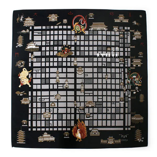 Furoshiki, Japanese Traditional Handkerchief Wrapping Cloth - Small, Black Kyoto map Kimono Japan