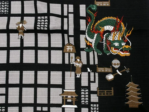 Furoshiki, Japanese Traditional Handkerchief Wrapping Cloth - Small, Black Kyoto map Kimono Japan