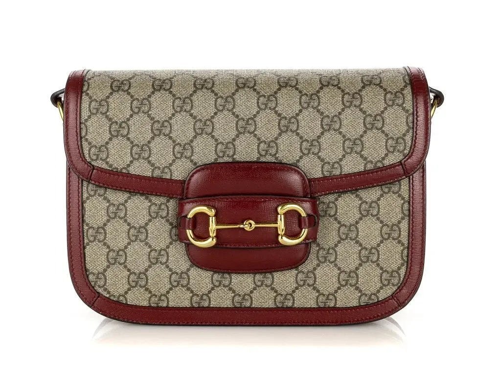 GUCCI Horsebit 1955 Dark red leather-trimmed printed coated-canvas shoulder bag