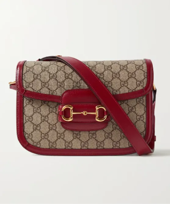 GUCCI Horsebit 1955 Dark red leather-trimmed printed coated-canvas shoulder bag
