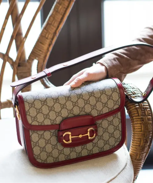 GUCCI Horsebit 1955 Dark red leather-trimmed printed coated-canvas shoulder bag