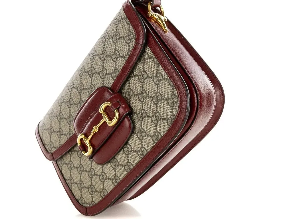 GUCCI Horsebit 1955 Dark red leather-trimmed printed coated-canvas shoulder bag