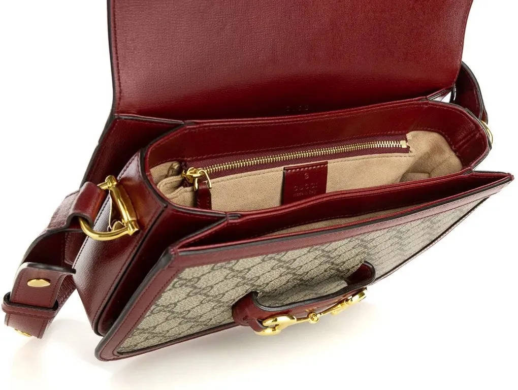 GUCCI Horsebit 1955 Dark red leather-trimmed printed coated-canvas shoulder bag