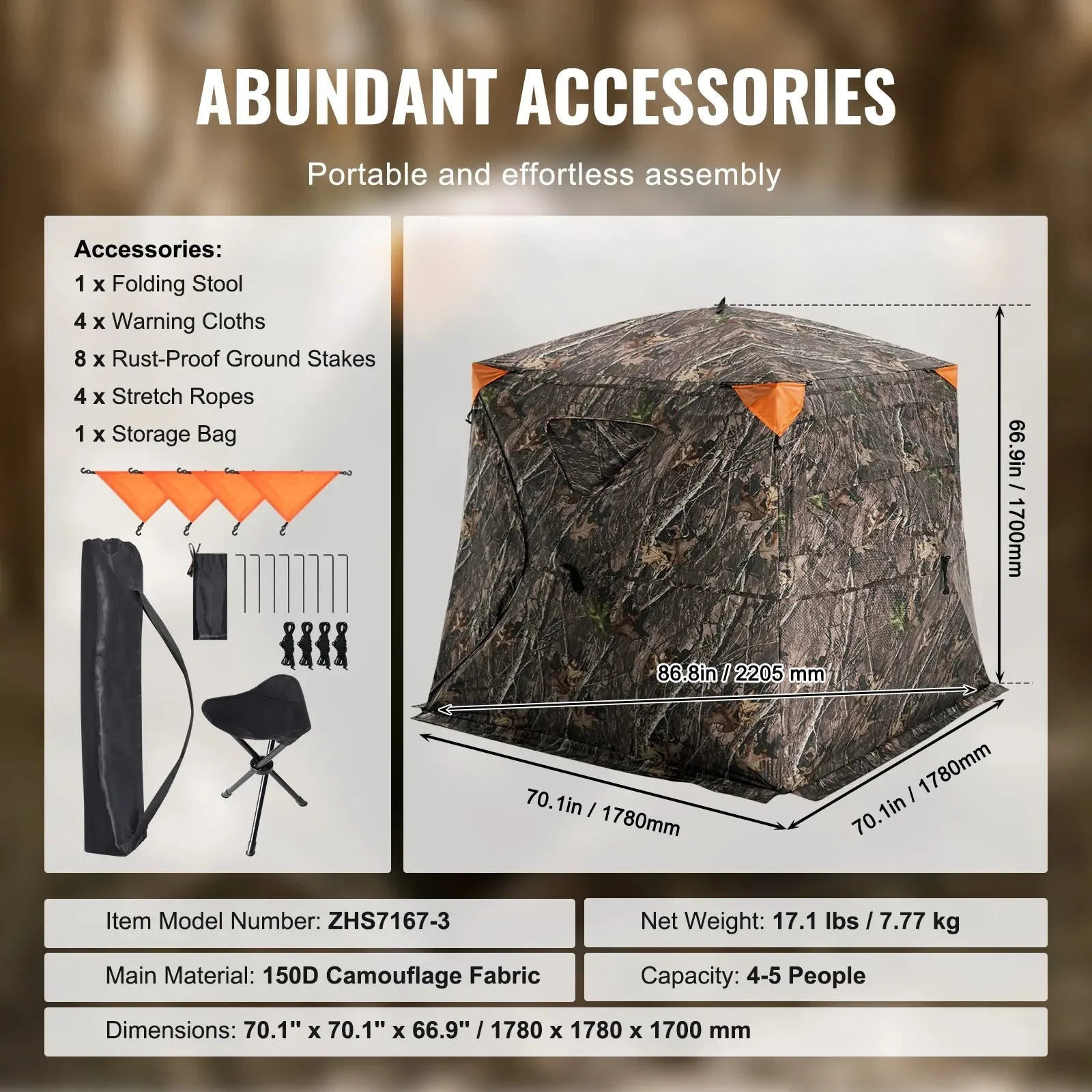 Hunting Shelter, 270 Visibility Ground Shelter, 4-5 Person Instant Setup Wildlife Blind with Transport Bag, Durable Outdoor Hunting Hub