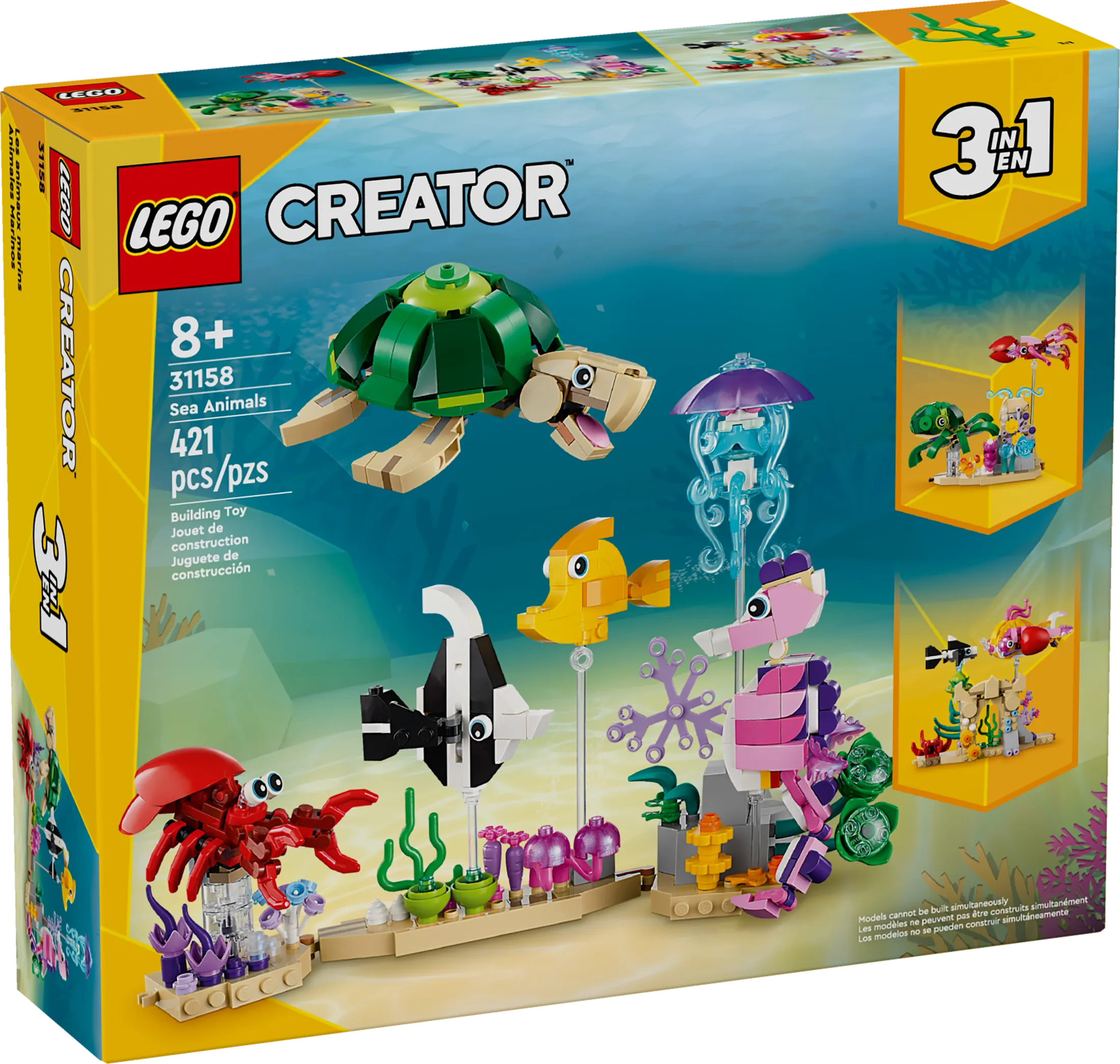 LEGO Creator 3 in 1 Sea Animals Toys Building Set for Kids, Transforms from Turtle to Fish Figures to Octopus and Squid Models, Birthday Gift Idea for Boys and Girls Ages 8 Years Old and Up, 31158